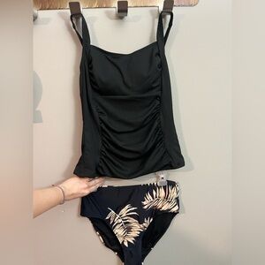 Black Ruched Tankini with Leaf Print Bottom